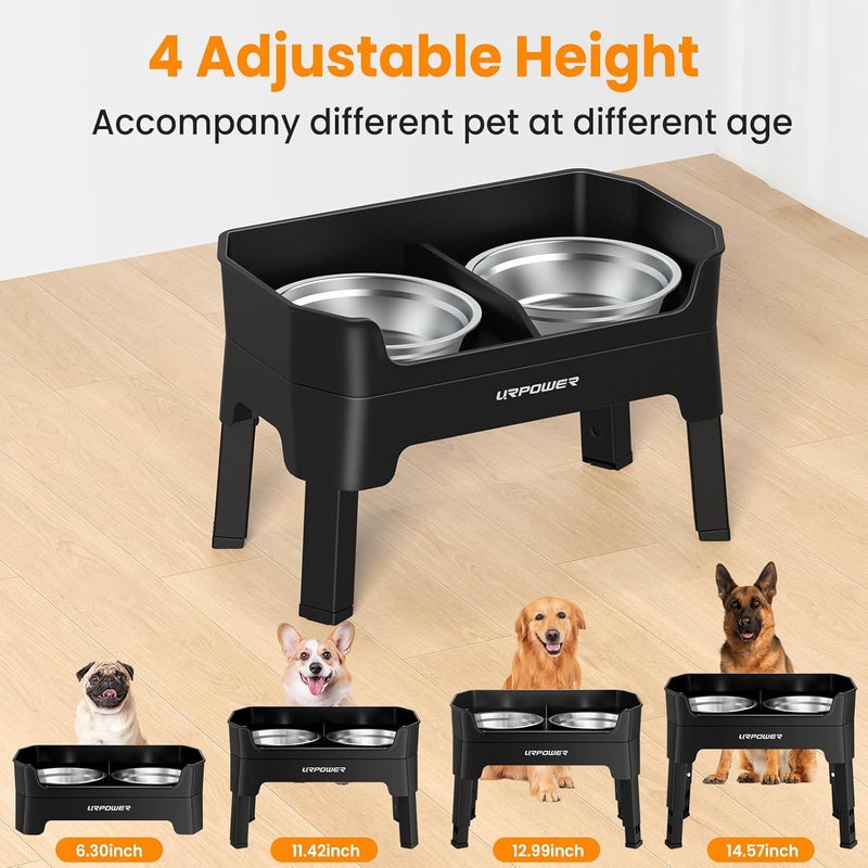 URPOWER 3-in-1 Elevated Dog Bowls - Mess Proof Double Deck 4 Height Adjustable Raised Stand with 2 Stainless Steel Food Bowls & Licking Plate for Small, Medium & Large Dogs - Image 3